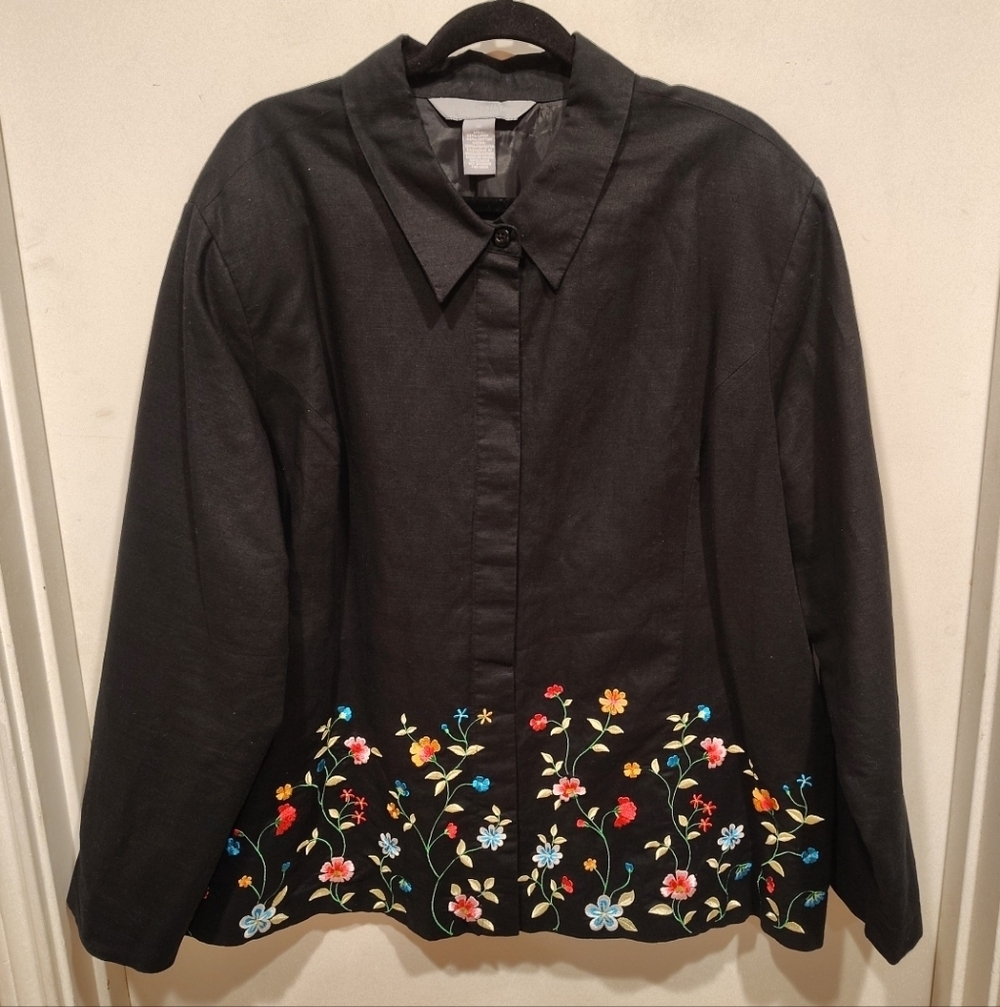 Jessica Holbrook Embroidered Hem Black Linen Blend Jacket Sz 2X Travel Career